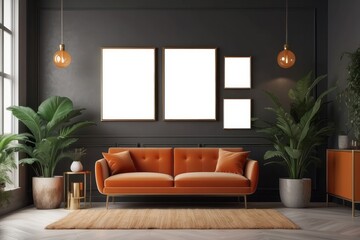Stylish compositon of retro home interior with mock up poster frame, vintage orange chair, velvet sofa, design lamps, gold shelf, plants and elegant accessories