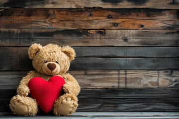 Teddy bear with heart pillow on wooden board