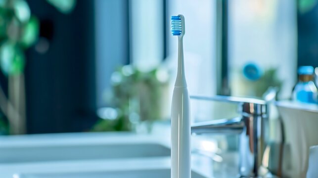 Photography of a plastic blue and white orthodontic toothbrush product or instrument placed on a bathroom sink, everyday equipment oral hygiene and dental health, teeth care and wellness accessories