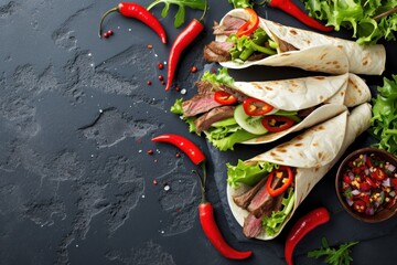 Beef steak wraps with spicy chili pepper and salad on a dark slate background with space for text