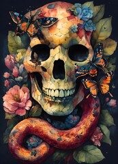 skull and crossbones, Snake head in the watercolor style of David Paul Seymour with skulls, moths, and vibrant hues.