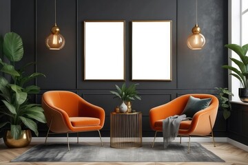 Stylish compositon of retro home interior with mock up poster frame, vintage orange chair, velvet sofa, design lamps, gold shelf, plants and elegant accessories