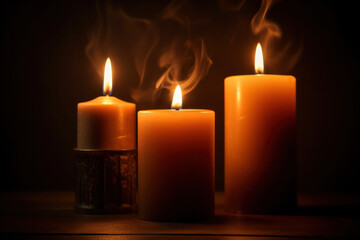 Candles burning softly against a dark, blurred background, conveying warmth and tranquility.