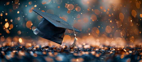Graduation cap amidst a sparkling celebration, symbolizing academic achievement and commencement