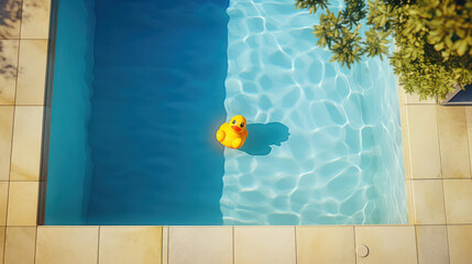 Yellow rubber duck adrift in the shimmering blue waters of a sunlit swimming pool