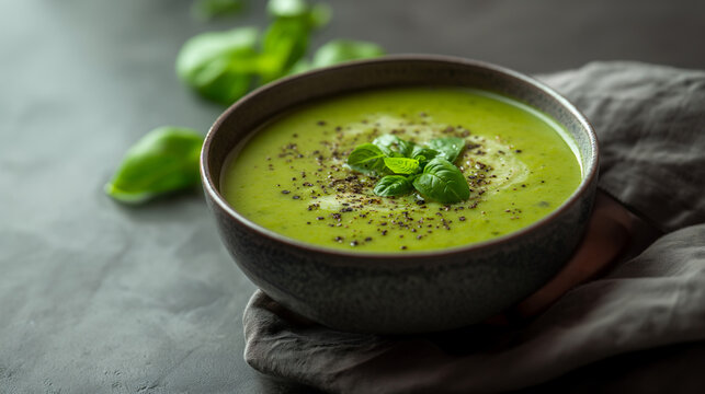 Green soup. Broccoli cream soup with parmesan and microgreen. Healthy vegan dish. Top view at stone table