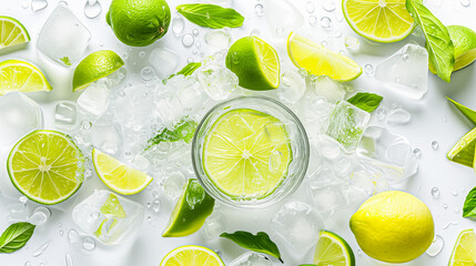 A glass of water with a slice of lime and ice cubes, surrounded by whole and sliced limes and green leaves on a white wet surface. Essence of a cool, refreshing experience. 
