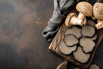 Black truffles on wooden board near grey napkin culinary ingredient