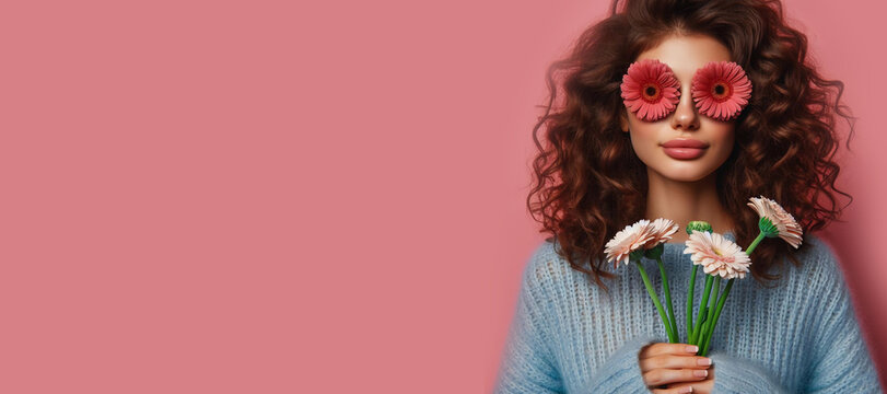 Woman Covering Her Eyes With Spring Flowers On Pink Background.