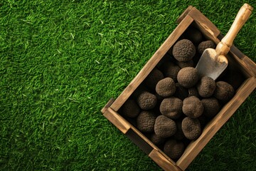 Fresh truffles on green grass flat lay Space for text