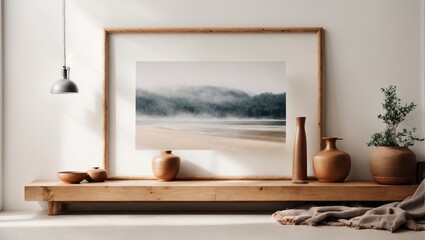  Minimal wooden picture poster empty frame mockup on white wallpaper Mockup empty poster in modern living room interior background