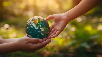 a close-up image featuring an adult hand handing over a globe to a young teenager hand