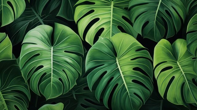 Green leaf palm monstera deliciosa pattern background,  philodendron house plant decoration.