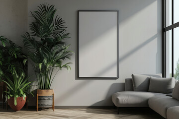 Frame mockup with ISO A paper size, showcasing a living room wall poster mockup against a modern interior design background, presented in a 3D render.