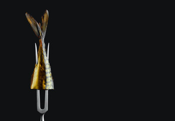 Smoked mackerel fish on a metal fork. Pieces of juicy smoked fish. On a black background.