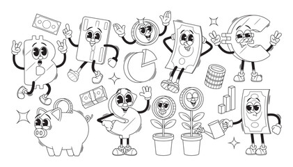 Funky Business Retro Cartoon Characters, Outline Monochrome Vector Icons Set. Money Flower, Pie Chart, Piggy Bank