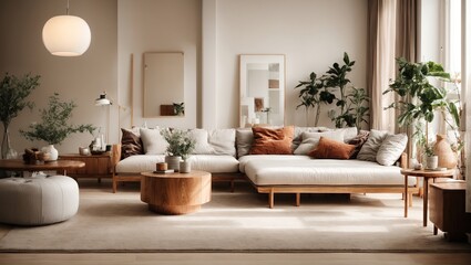 Fototapeta na wymiar Modern interior japandi style design livingroom,Lighting and sunny scandinavian apartment with plaster and wood