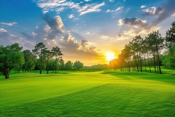 Beautiful sunset view of golf course with pines on fairway