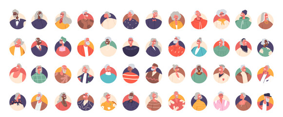 Joyful Collection Of Senior People Avatars Radiating Happiness And Contentment. Old Characters Vector Illustration