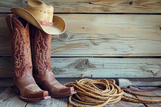 Cowboy boots hat and lasso on wooden background with room for text