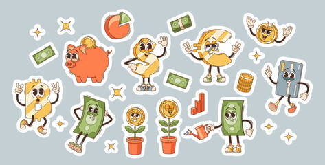 Funky Business Retro Cartoon Characters Stickers Set. Money Flower, Piggy Bank and Credit Card, Euro, Dollar or Bitcoin