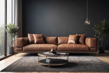 modern living room with leather couch - obrazy, fototapety, plakaty