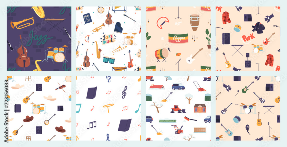 Poster seamless pattern featuring various musical instruments, music notes and clef symbols. vector set of 