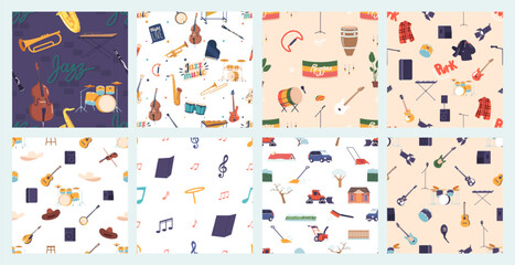 Seamless Pattern Featuring Various Musical Instruments, Music Notes And Clef Symbols. Vector Set Of Tile Backgrounds