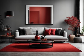 Modern living room with red and black interior, gray walls, an empty frame mockup, an off-white sofa, and a circular coffee table with black cushions