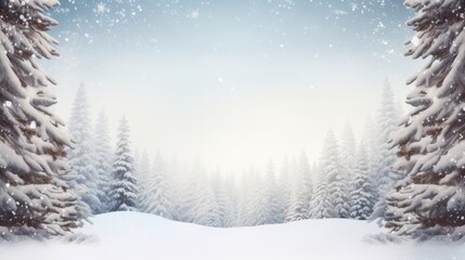 Fototapeta premium View of hills with pine trees covered in thick snow in winter. Landscape background wallpaper.
