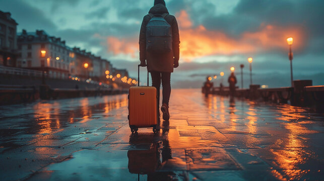 Back view of a travaler person arrive to a city at night with their suitcase 