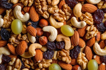 Assorted nuts and dry grapes arranged on a mixed nut background Healthy snack and food