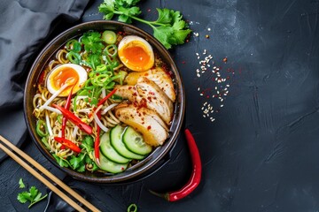 Asian chicken ramen soup on black concrete with top view and text space