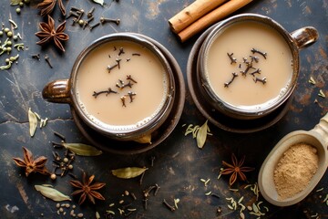 Indian Masala Chai a top view of a traditional beverage with tea milk and spices famous in Kerala India Two cups of organic ayurvedic or herbal drink beneficia - obrazy, fototapety, plakaty