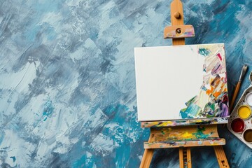 Artist palette and easel with white canvas on light blue background with space