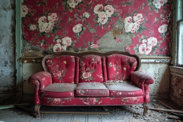 Antique house with old damaged red couch and floral wallpaper on the walls