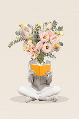 Creative vertical collage headless young woman reader tulip bouquet bunch instead head reading book...