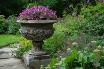 Beautiful garden showcasing a decorative stone planter