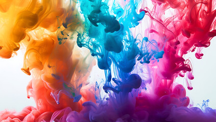a colourful ink splashes down over white in