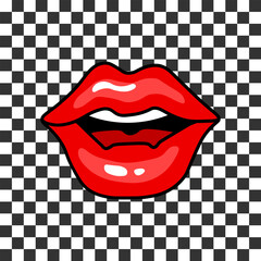 Red female lips on a checkered retro background. Vintage illustration in 90s pop art style. Sticker, vector