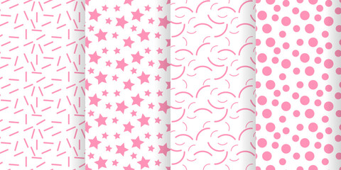 A set of simple seamless patterns with stars and dots in pink and white colors. Vector