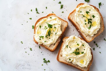 Breakfast with sliced bread cream cheese and butter
