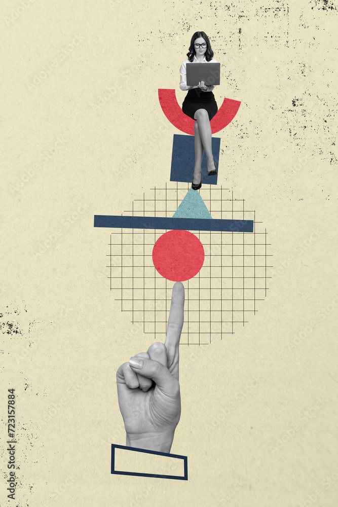 Poster Sketch image of successful professional woman working business tasks balancing on height isolated over drawing background