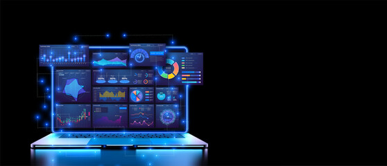 Futuristic laptop projecting high-tech data analytics financial visualization screens in a dark setting. Advanced Data Analytics Visualization with Interactive Laptop Interface Concept. Vector