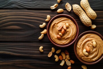 Top view of dark wood background showcasing two bowls of peanut butter and peanuts