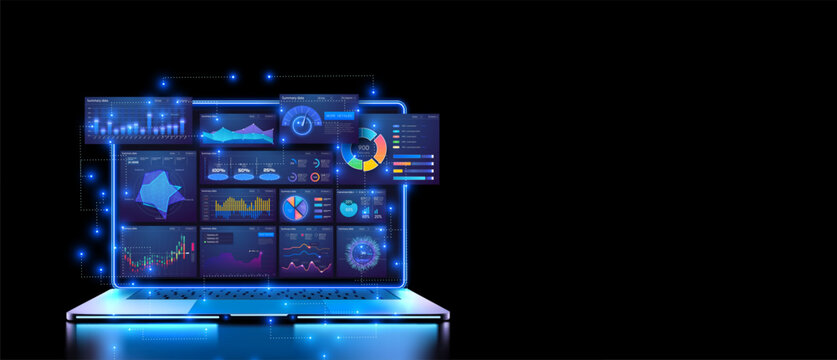 Futuristic laptop projecting high-tech data analytics financial visualization screens in a dark setting. Advanced Data Analytics Visualization with Interactive Laptop Interface Concept. Vector