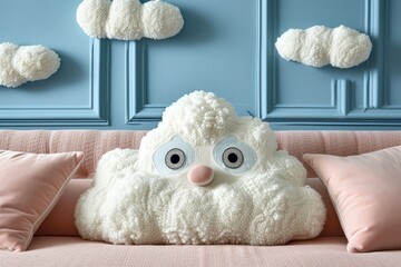 Humorous cloud shaped pillow with eyes made of fabric