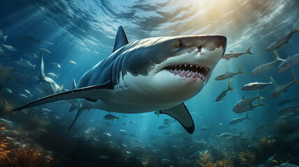 Naklejka premium White shark open toothy dangerous mouth with many teeth.Clear water shark swims. Generated AI