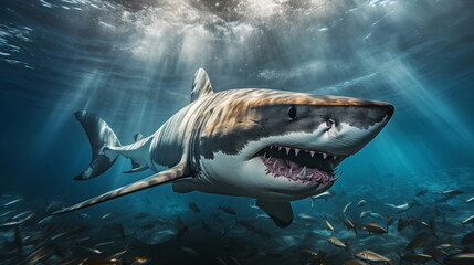 Fototapeta premium White shark open toothy dangerous mouth with many teeth.Clear water shark swims. Generated AI