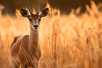 Antilope im hohen Gras der Savanne, Sonnenschein, erstellt mit generativer KI - 723158440